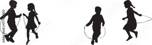 Silhouette of children jumping rope and playing together — symbol of fun, energy, childhood happiness, teamwork, outdoor activity, exercise and friendship — black kids figures on white background