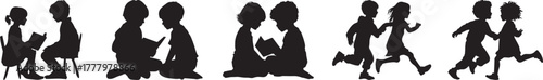 Silhouette of children reading books, sitting together and running hand in hand — symbol of learning, friendship, childhood joy, teamwork, education and imagination — black art on white background