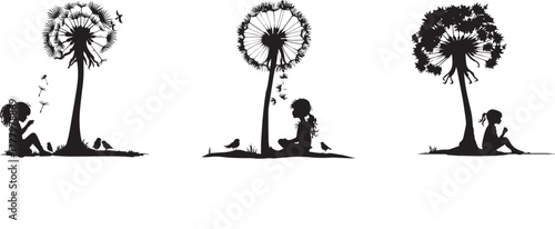 Silhouette of little girl sitting under a dandelion tree blowing seeds into the wind — childhood innocence, freedom, nature connection, hope, peace and growth concept — black art on white background