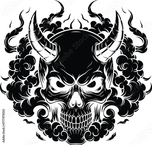 A striking black and white illustration of a demonic skull, featuring menacing horns and swirling smoke, evoking a sense of dread and the supernatural.