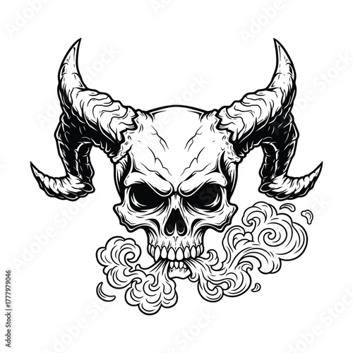 A detailed black and white drawing of a fearsome demon skull, complete with sharp horns and wisps of smoke emanating from its mouth, perfect for dark themes.