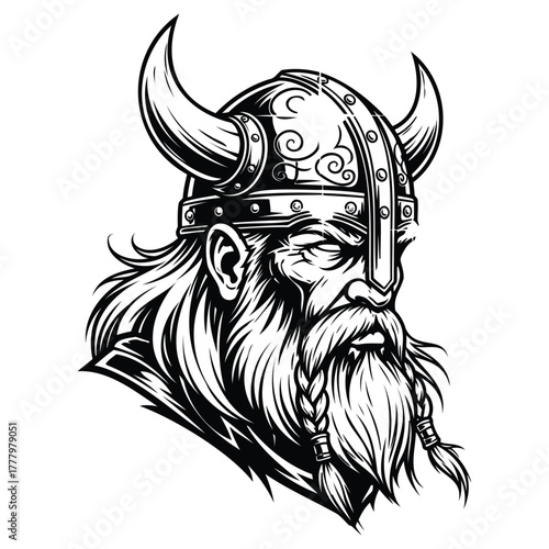 Adobe IllustratoA detailed illustration of a fierce Viking warrior, featuring a horned helmet, long braided hair, and a prominent beard, depicted in a powerful profile view.
r Artwork