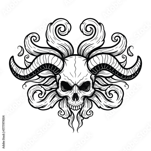 A detailed black and white drawing of a fearsome demon skull, complete with sharp horns and wisps of smoke emanating from its mouth, perfect for dark themes.
