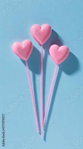 Heart-shaped Candies on Sticks Against a Pastel Blue Background Create a Char...