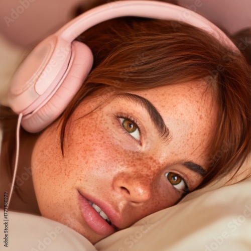 Young Woman With Pink Headphones Relaxing on Colorful Bedspread in Bright Roo...