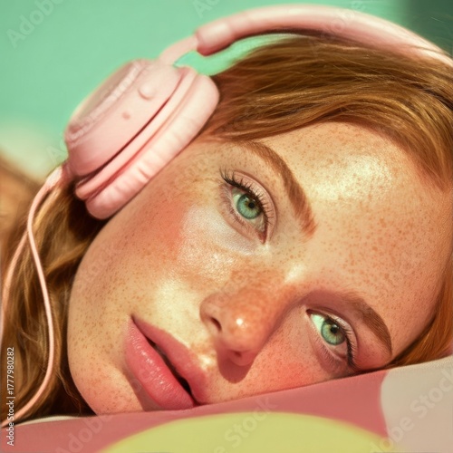Young Woman With Pink Headphones Relaxing on Colorful Bedspread in Bright Roo...