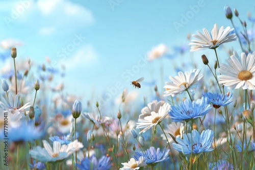 Colorful Wildflowers Bloom Under a Bright Sky With a Bee Buzzing Around in th...