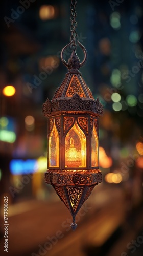 Beautiful Lantern Glowing on a City Street During Twilight With Blurred Light...