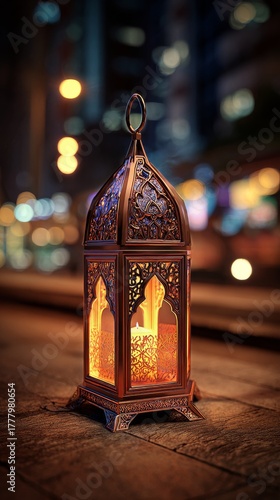 Beautiful Lantern Illuminates a City Street at Night With Warm Golden Light