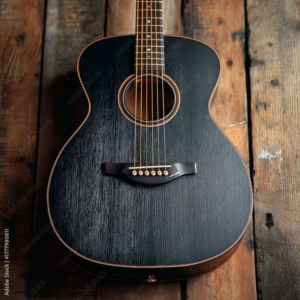 Fototapeta premium Guitar on Wooden Floor With Natural Light Highlighting Its Rich Finish and Craftsmanship