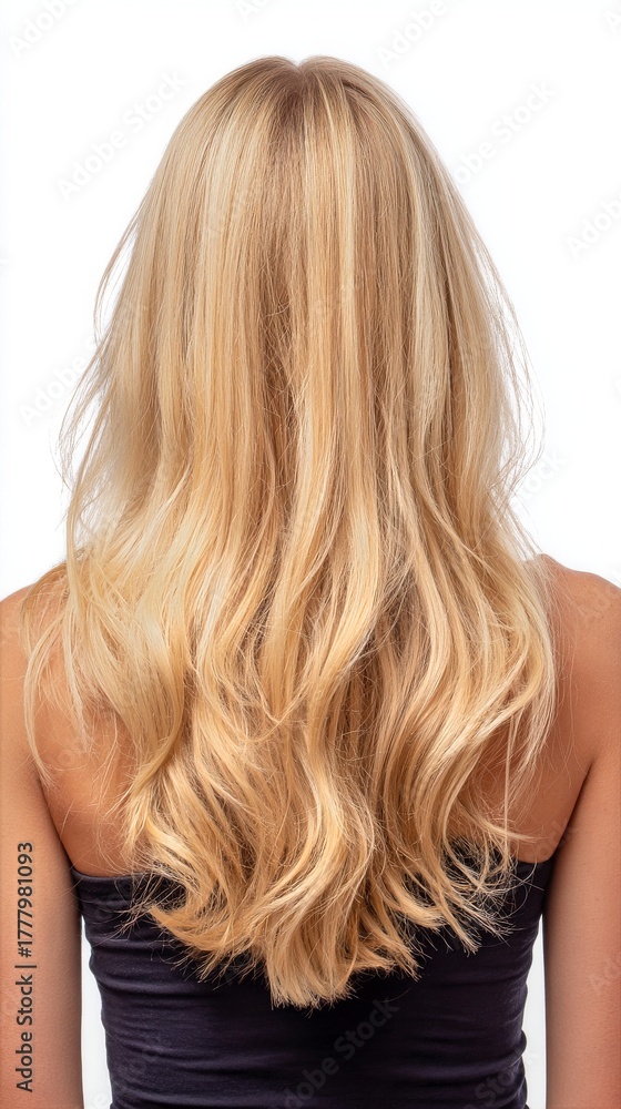 Fototapeta premium Long Flowing Blonde Hair Styled in Soft Waves Against a Plain Background