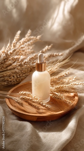 Natural Skincare Serum and Wheat Arrangement on a Wooden Plate in Soft Textil...