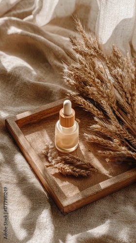 Natural Skincare Serum and Wheat Arrangement on a Wooden Plate in Soft Textil...