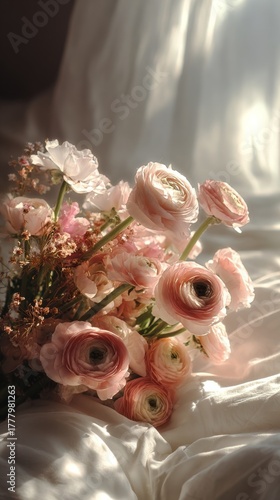 Beautiful Bouquet of Pink Flowers Resting on Soft White Fabric in Warm Light