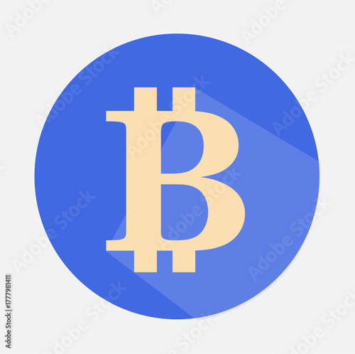 3D Golden Bitcoin Icon on Blue Background — Minimalist Flat Design with Long Shadow