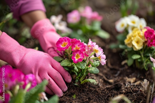 Gardening Enthusiast Planting Colorful Primrose Flowers in a Sunny Garden Dur...