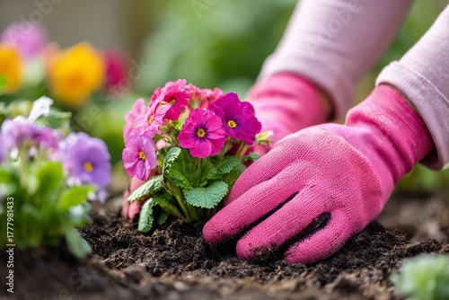 Gardener Planting Colorful Primrose Flowers in Spring Season Garden