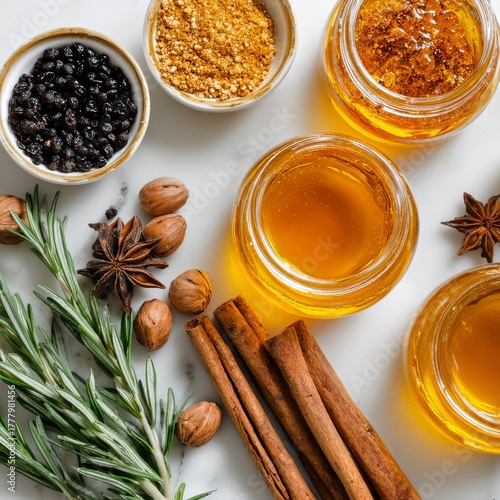 Healing Herbs and Natural Sweeteners Arranged on a Kitchen Counter