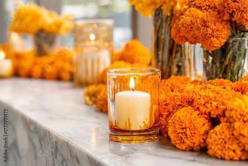Vibrant Orange Marigolds and Candles Decorate a Festive Table Setting in a Br...