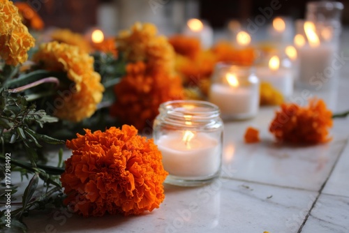 Colorful Marigold Flowers and Lit Candles Create a Warm Atmosphere in a Decor...