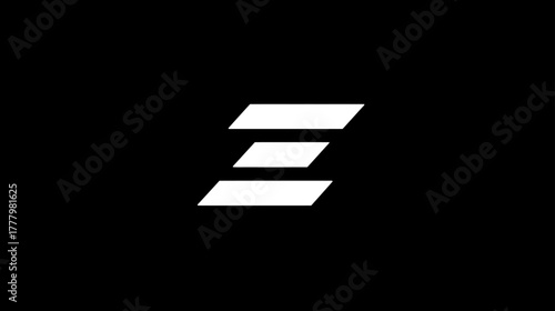 White letter E symbol on black background, modern minimalist geometric design. Abstract digital logo concept with parallel bars.