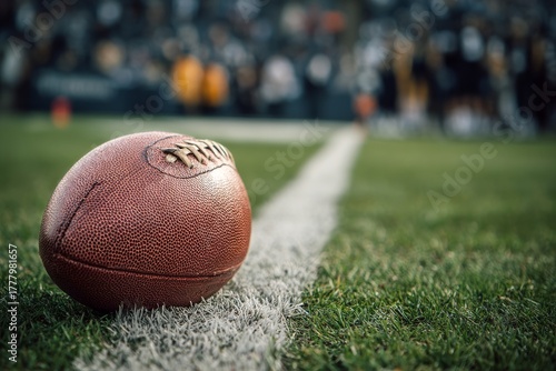 Football Resting on Field With Players in Action During Afternoon Practice Se...