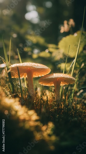 Two Orange Mushrooms Growing on Mossy Forest Ground in Early Morning Light
