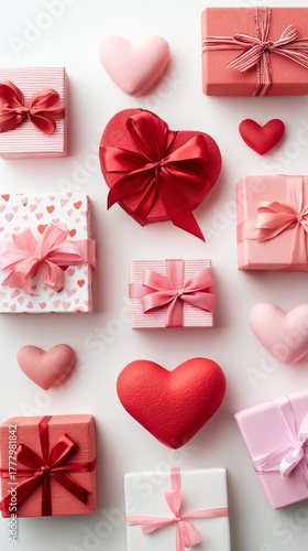 Colorful Heart-Shaped Gifts Arranged for a Celebration on a Simple White Surface