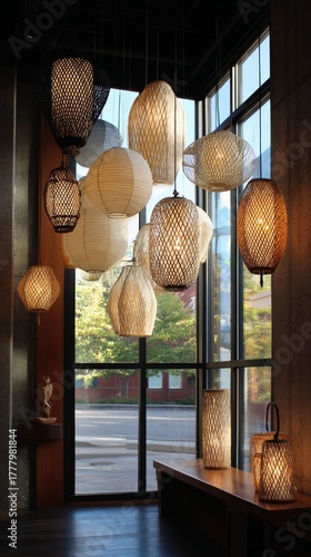 Beautifully Crafted Lanterns Illuminate a Cozy Restaurant Interior in Evening...