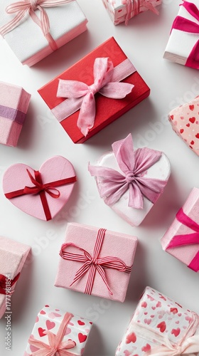 Colorful Heart-Shaped Gifts Arranged for a Celebration on a Simple White Surface