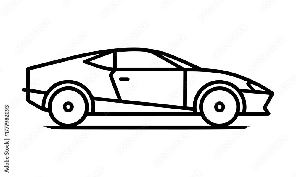 Obraz premium Outline Sports Car Icon: Sleek Minimalist Side View Line Art of a Modern Coupe. Vector Drawing for Automotive, Racing, and High-Performance Web Design and Apps.