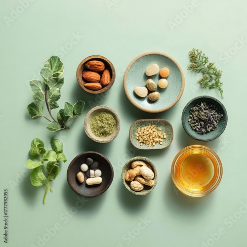 Colorful Arrangement of Various Spices and Herbs on a Green Background