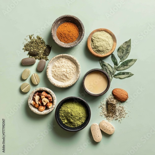 Exploring the Colorful World of Natural Herbs and Spices on a Pale Green Back...
