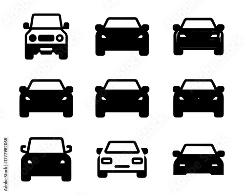 Front View Car Icon Collection: Bold Silhouette Vector Clip Art for Automotive Design and Web. Nine Diverse Vehicle Head-on Glyphs for UI/UX and Apps.