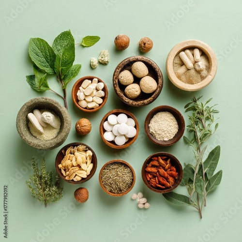Exploring the Colorful World of Natural Herbs and Spices on a Pale Green Back...
