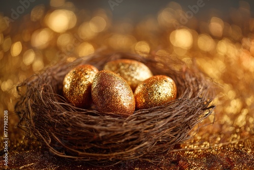 Golden Eggs Nestled in a Handmade Nest Surrounded by Shimmering Sparkles, Per...
