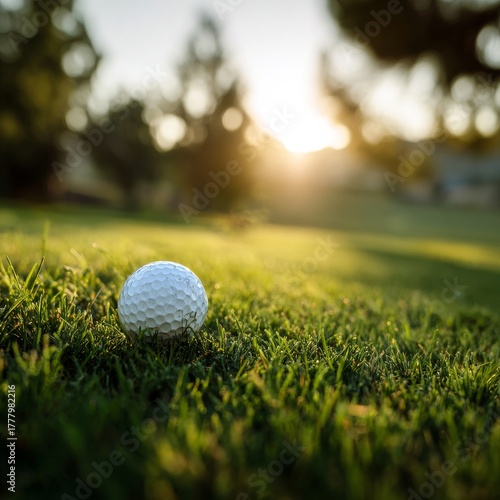 Golf Ball Resting on Grass at Sunset on a Serene Golf Course
