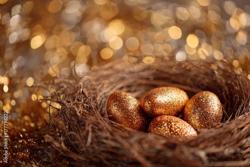 Shiny Golden Eggs in a Nest Surrounded by Sparkling Decorations at Easter Time