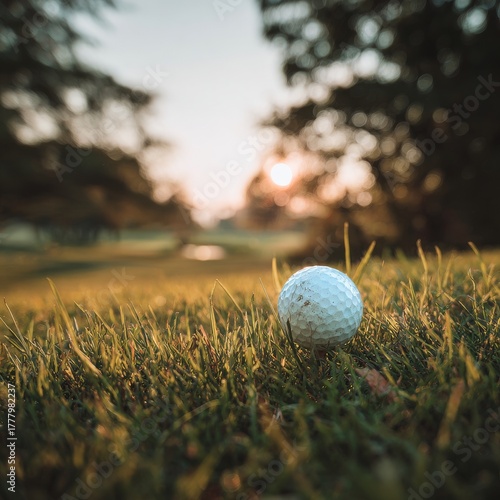 Golf Ball Resting on Grass During Sunset at a Serene Golf Course