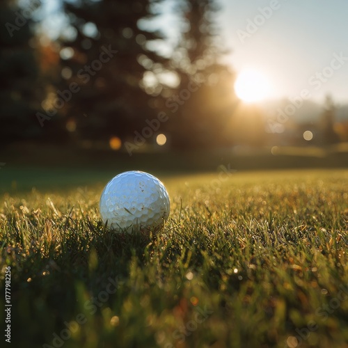 Golf Ball Resting on Grass During Sunset at a Serene Golf Course
