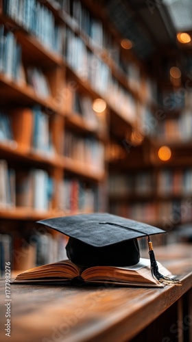 Graduation Cap Resting on Open Book in a Library With Colorful Shelves