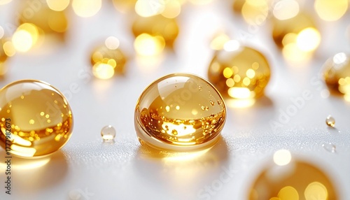ぷるぷるとしたオイル成分の光沢カプセルが並ぶ美容液イメージ　ジェネレーティブAI