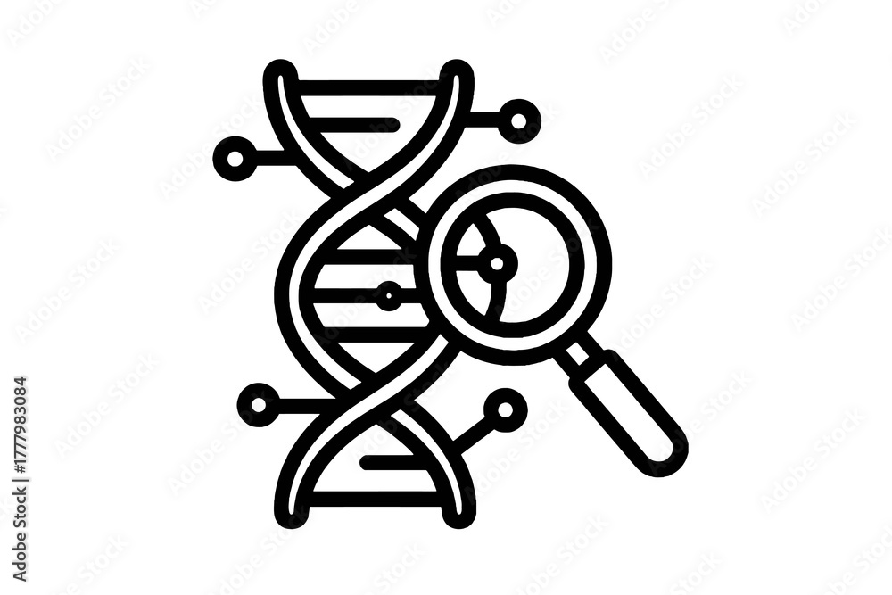 Obraz premium Minimal black science vector icon showing DNA analysis, ideal for biotechnology, education, and scientific innovation design projects.