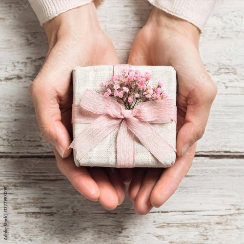 Creative Gift Wrapping With Dried Flowers in Hands on a Light Wooden Background
