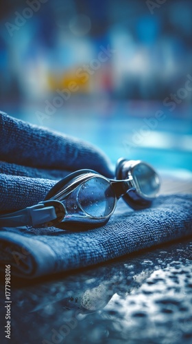 Swimming Goggles Placed on a Towel Near the Edge of a Pool During Practice or...