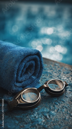 Relaxing Poolside Setup With a Blue Towel and Swim Goggles in Focus