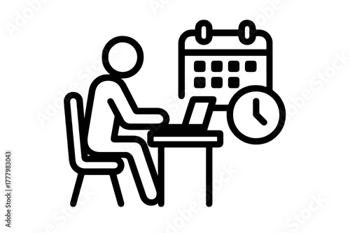 Black vector icon of a freelancer with laptop, clock, and calendar, symbolizing flexible work schedule and modern independent career.