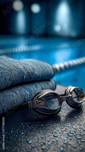Swimming Goggles Placed on a Towel Near the Edge of a Pool During Practice or...