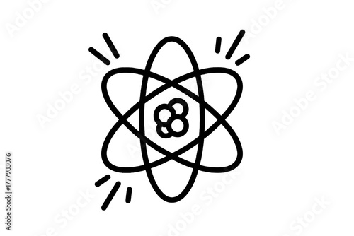 Minimal black science icon of an atom with orbiting electrons, symbolizing research, technology, and scientific discovery for modern designs.