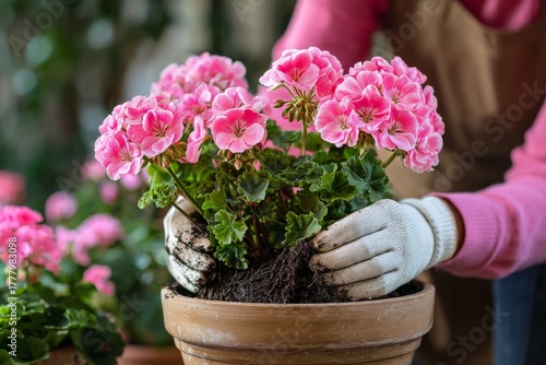 Gardener Repotting Pink Geraniums on a Sunny Afternoon in a Backyard Garden